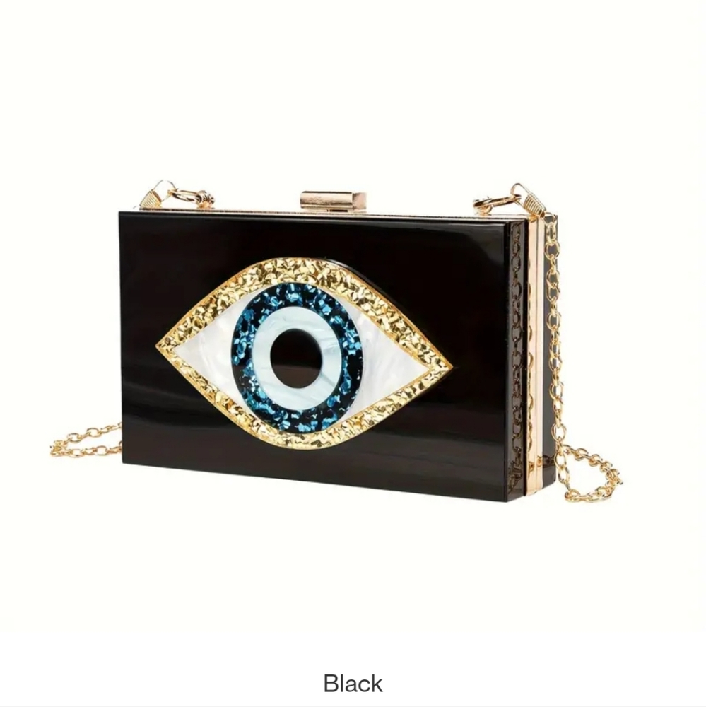 Sparkling stunner blk acrylic Evil eye bag. Use as clutch or w/ chain. Last Call